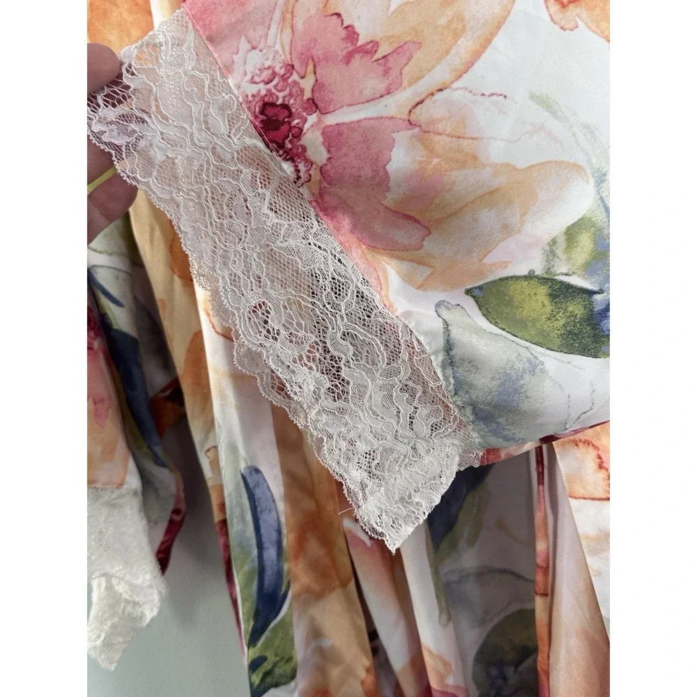 Linea Donatella Robe Womens S/M Watercolor Floral Satin Lace Trim Belted Kimono